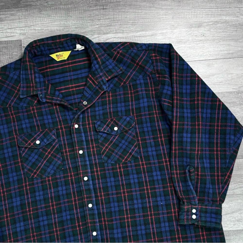 Vintage Pearl Snap Flannel Shirt Men’s 3XL Made in USA Plaid Western Lumberjack